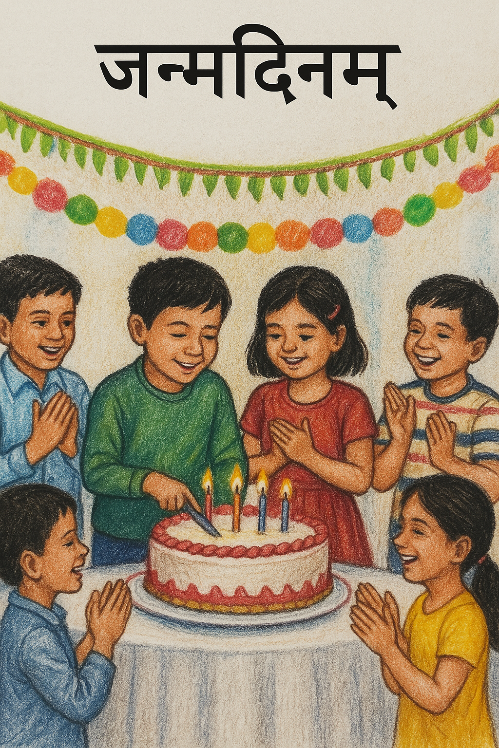 संस्कृत पाठ जन्मदिनम् - बच्चों का जन्मदिन उत्सव, केक काटते हुए और मित्रों के साथ खुशी मनाते हुए दृश्य