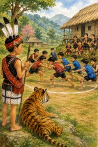 Hekko Class 4 English lesson showing children playing the traditional Hekko game in Nagaland.