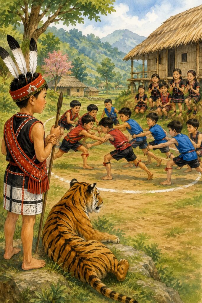 Hekko Class 4 English lesson showing children playing the traditional Hekko game in Nagaland.