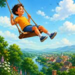 The Swing – A happy child enjoying a swing high in the air with a beautiful green garden, trees, flowers, blue sky, clouds, rooftops, and a peaceful countryside in the background.