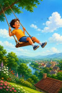 The Swing – A happy child enjoying a swing high in the air with a beautiful green garden, trees, flowers, blue sky, clouds, rooftops, and a peaceful countryside in the background.